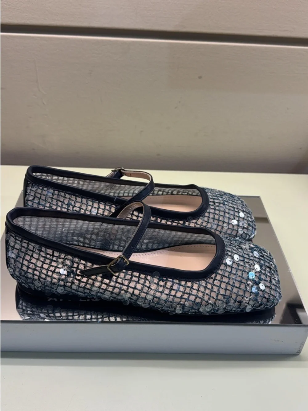 AGL made in Italy Black silver Sequin Mesh Mary Jane Flats NWT